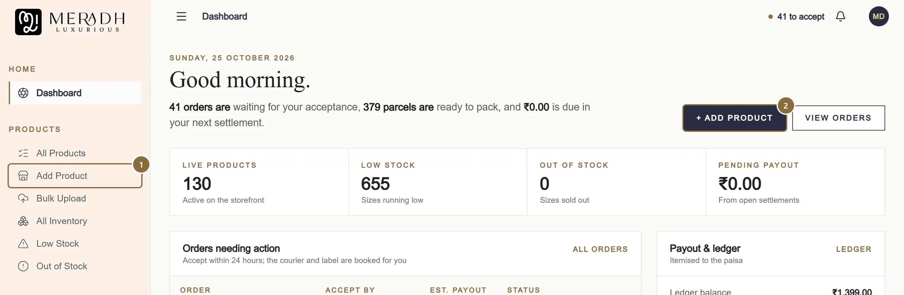The seller panel dashboard with the Add Product entry in the sidebar and the Add Product button outlined.