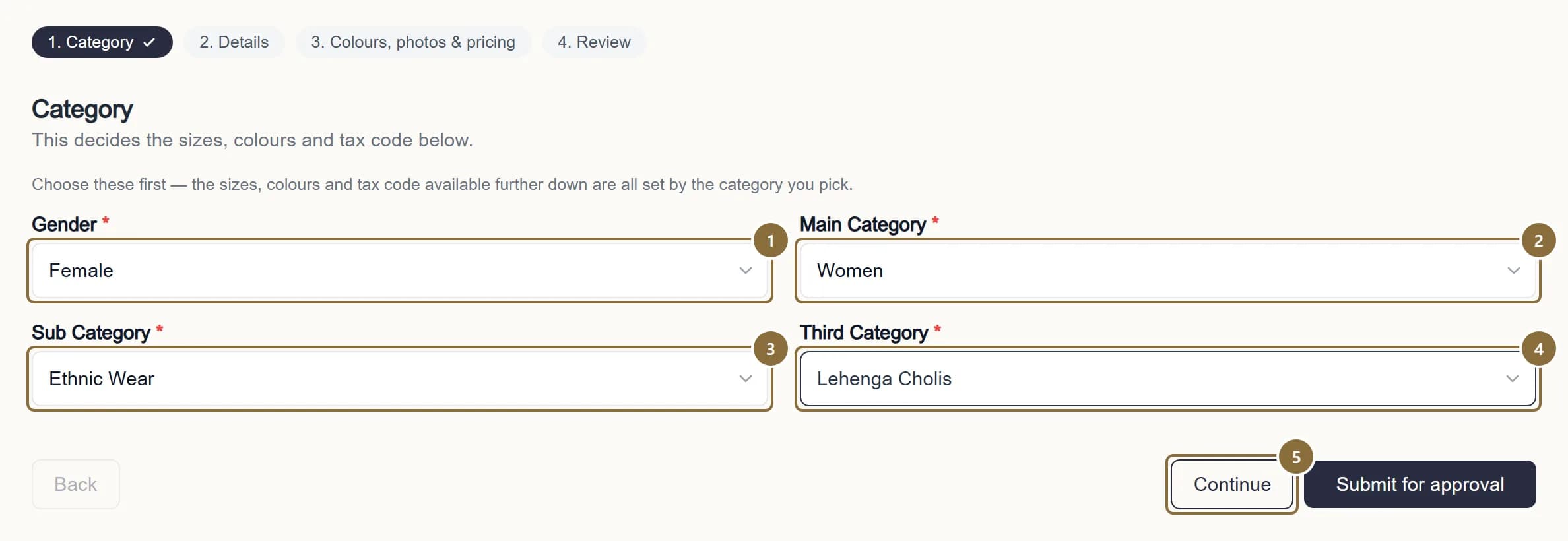 The Category tab with gender and the three category levels filled in.