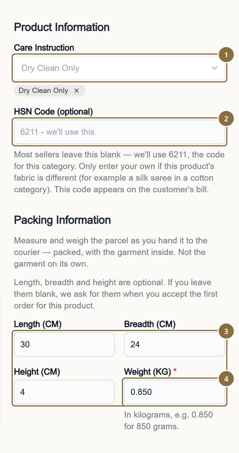 The Product Information and Packing Information cards: care instruction, HSN code and the packed parcel's size and weight.