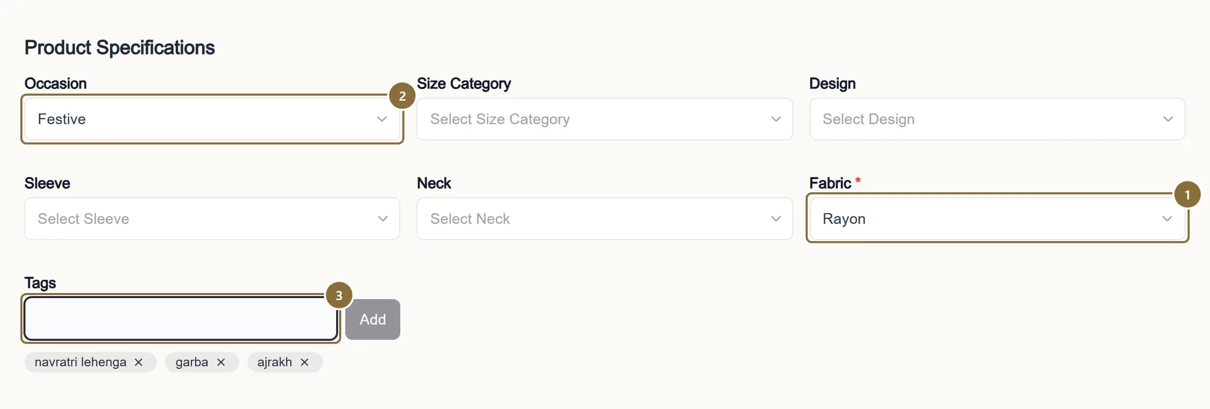 The Product Specifications card with Fabric, Occasion and the other attribute dropdowns, and the Tags field.