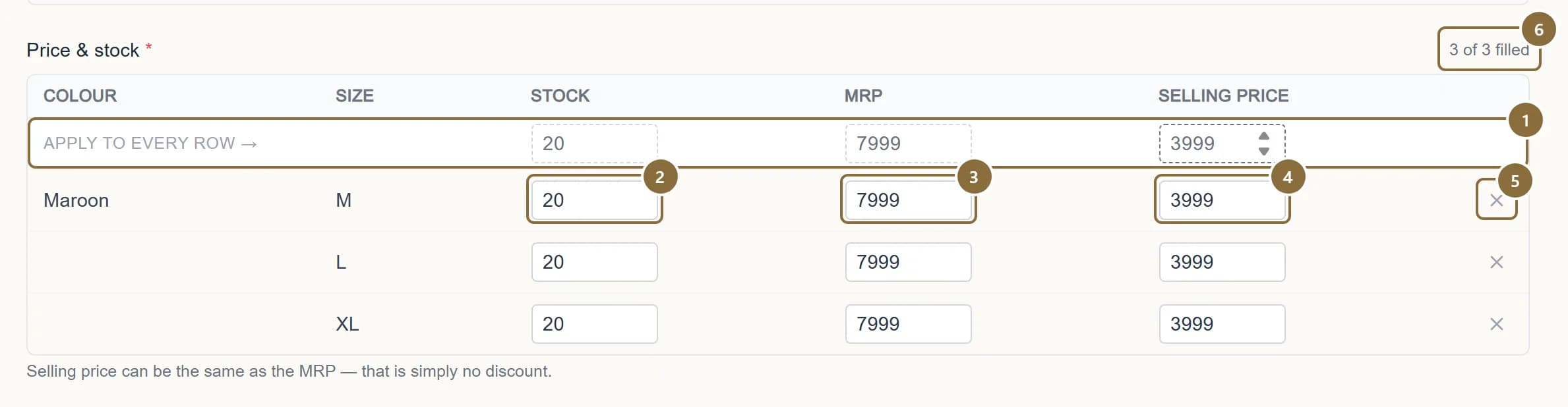 The Price & stock grid with the apply-to-every-row inputs and one row per colour and size.