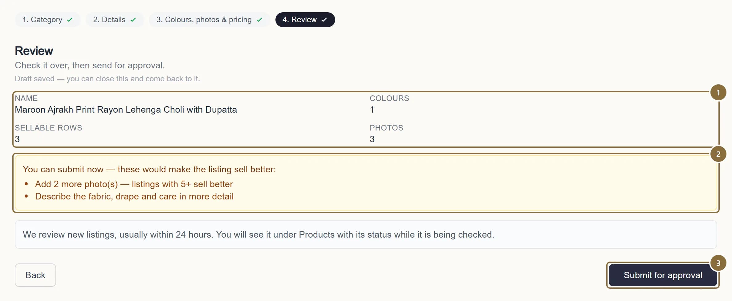 The Review tab with the listing summary, the suggestions box and the Submit for approval button.