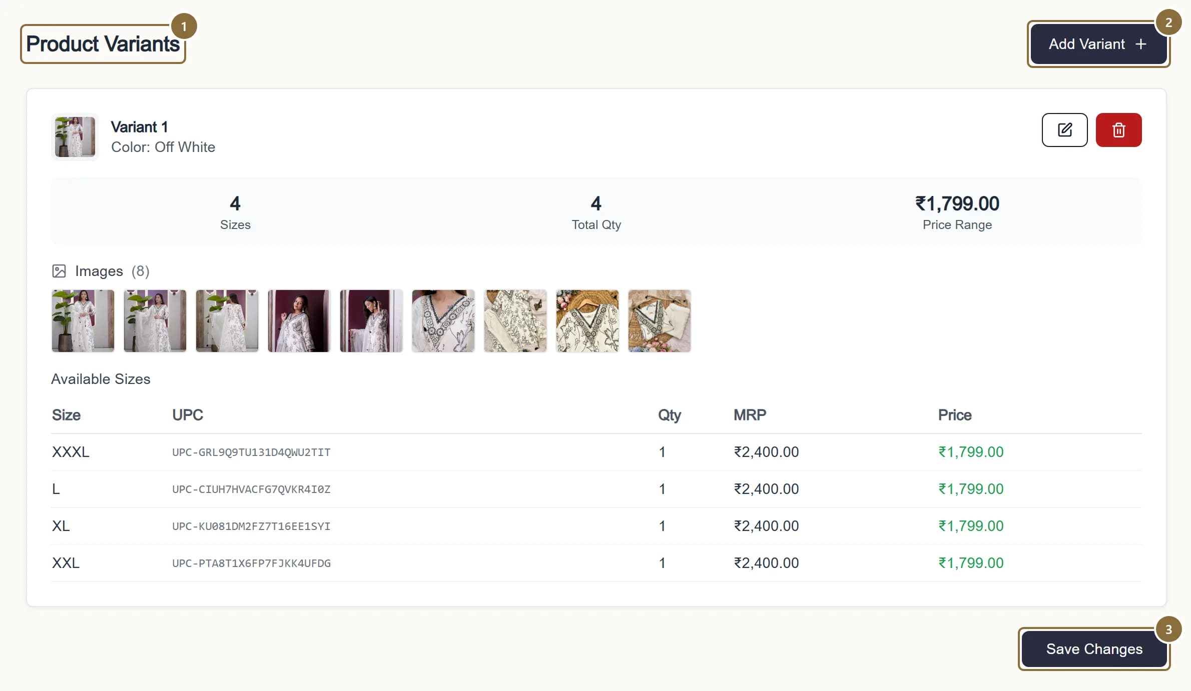 The lower part of the Edit Product form with the Product Variants section, the Add Variant button and the Save Changes button outlined.