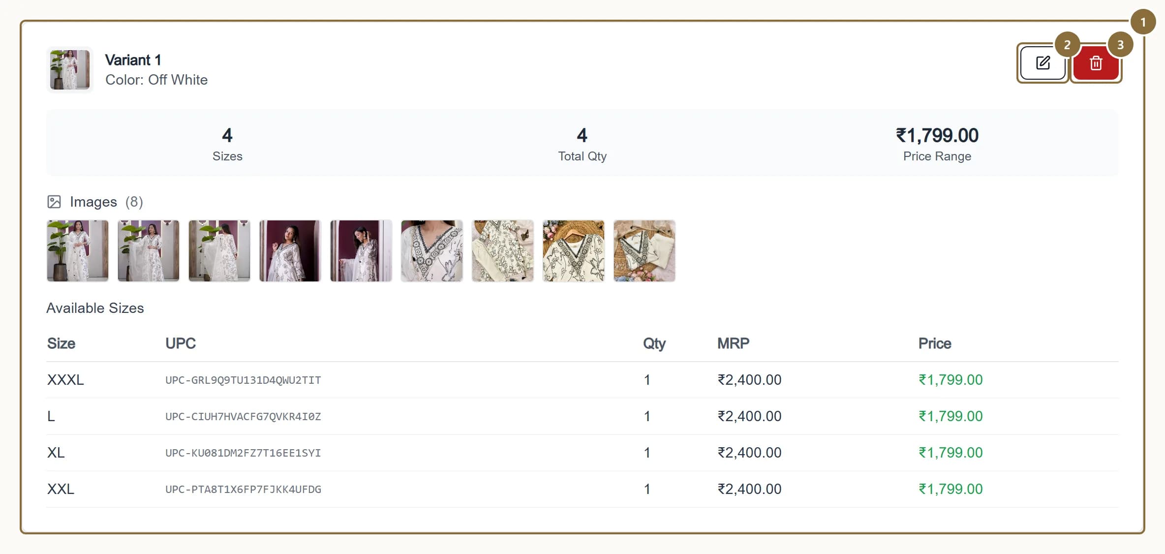 One variant card in the Product Variants section with its edit and remove icons outlined.
