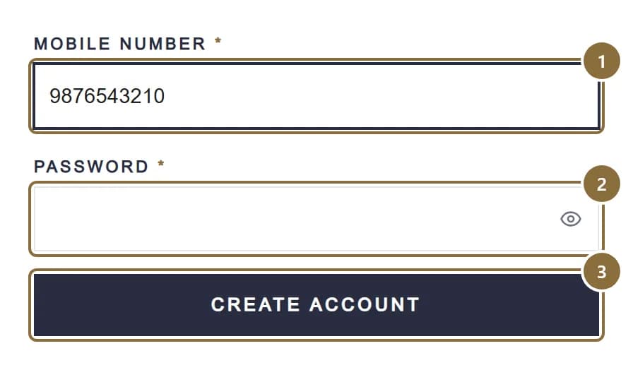 The Create your seller account screen: mobile number, password and the Create account button.