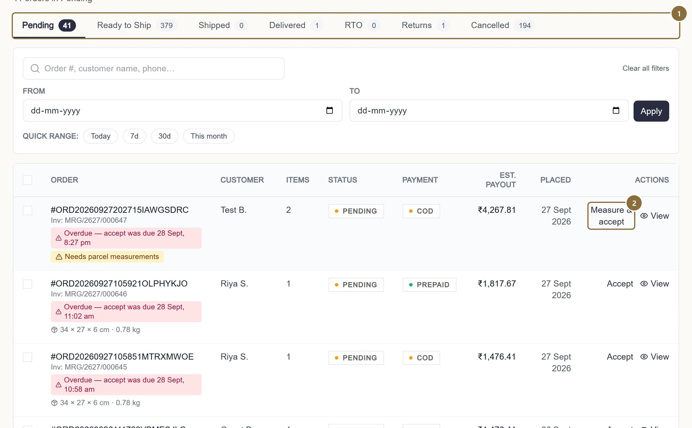 The All Orders screen with the pipeline tabs and the first order's Accept action outlined.