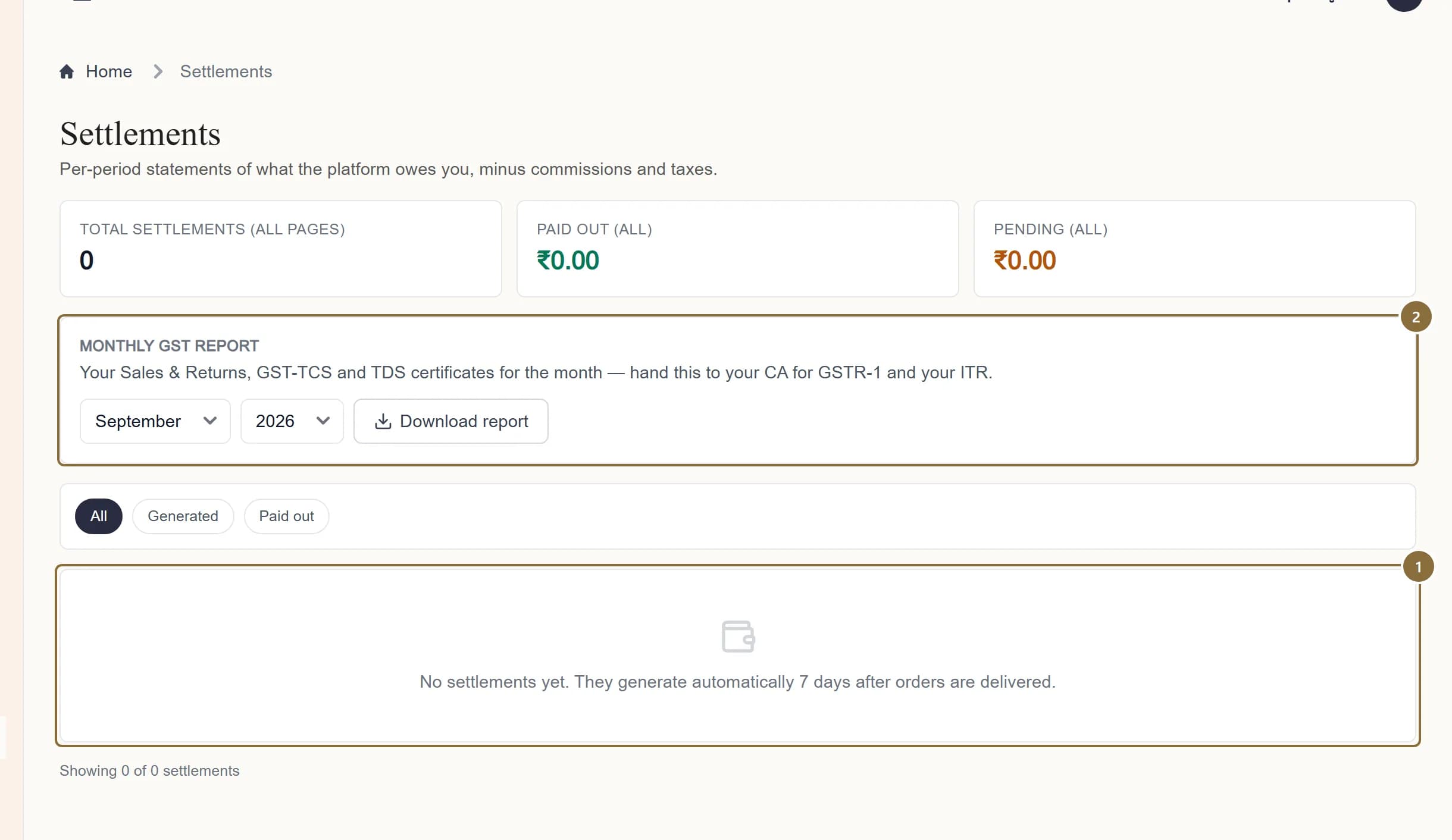 The Settlements screen with the statement list and the monthly GST report card outlined.