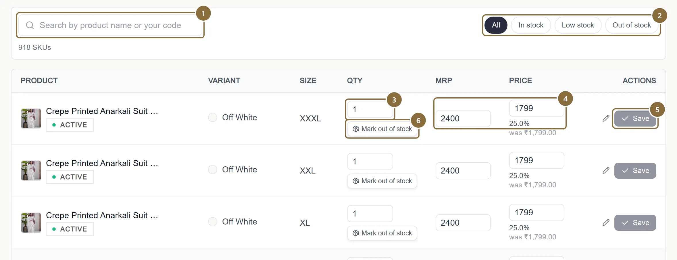 The All Inventory table with the search box, level pills, and one row's quantity, price and Save button outlined.