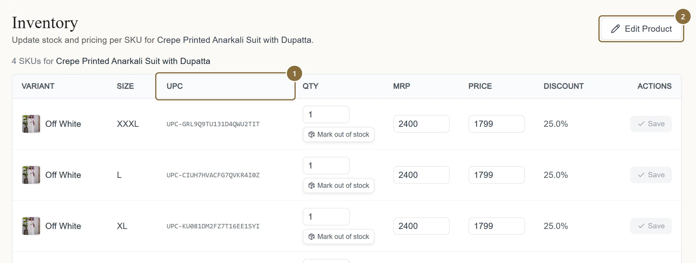 The per-product Inventory page with the UPC column and the Edit Product button outlined.