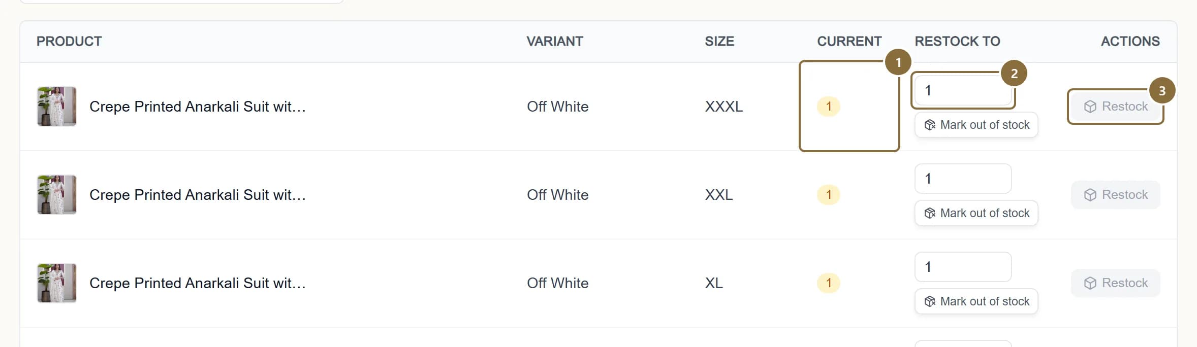 The Low Stock list with the Current badge, the Restock to box and the Restock button outlined.