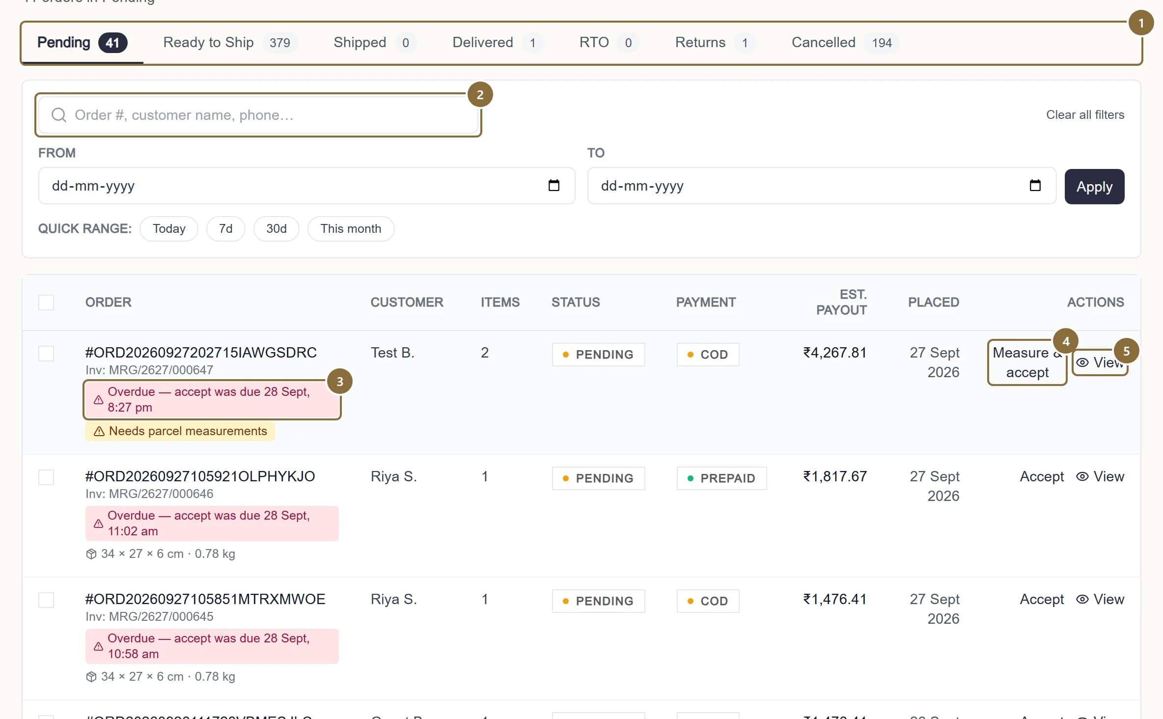 The Orders screen on the Pending tab with the pipeline tabs, the search box, the deadline badge and the row actions outlined.