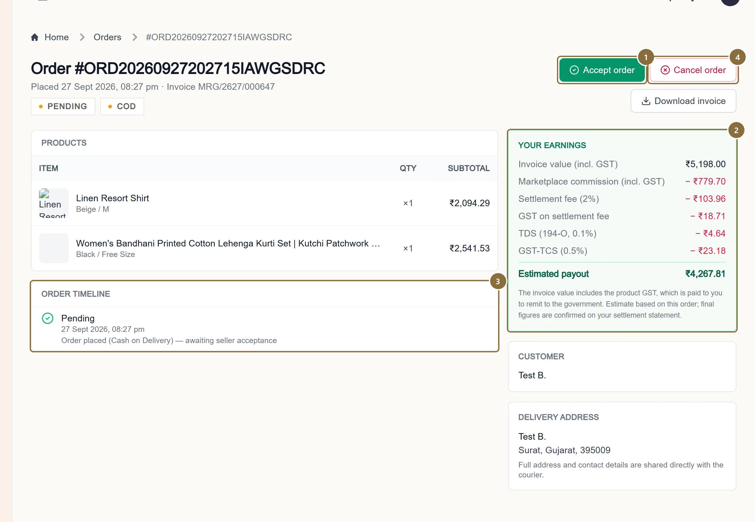 An order page with the Accept order and Cancel order buttons, the Your earnings card and the Order timeline outlined.