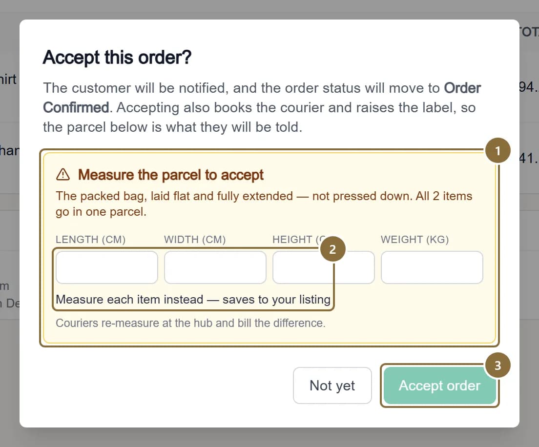 The Accept this order dialog with the parcel measurements and the Accept order button outlined.