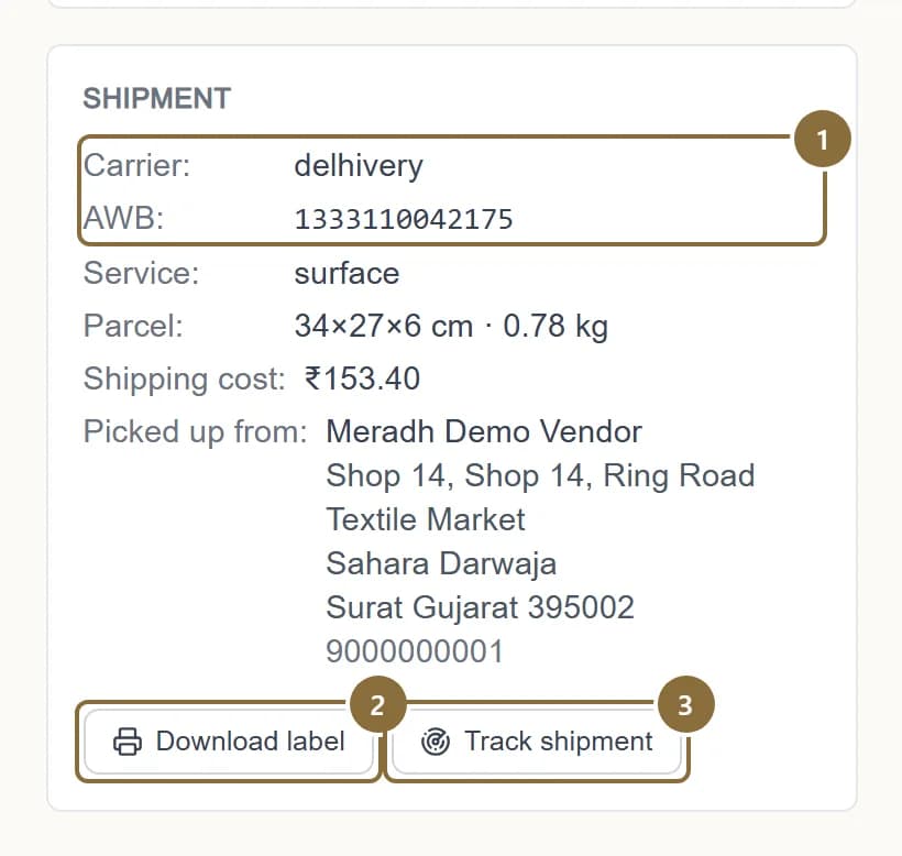 The Shipment card of an accepted order with the courier, AWB, Download label and Track shipment outlined.