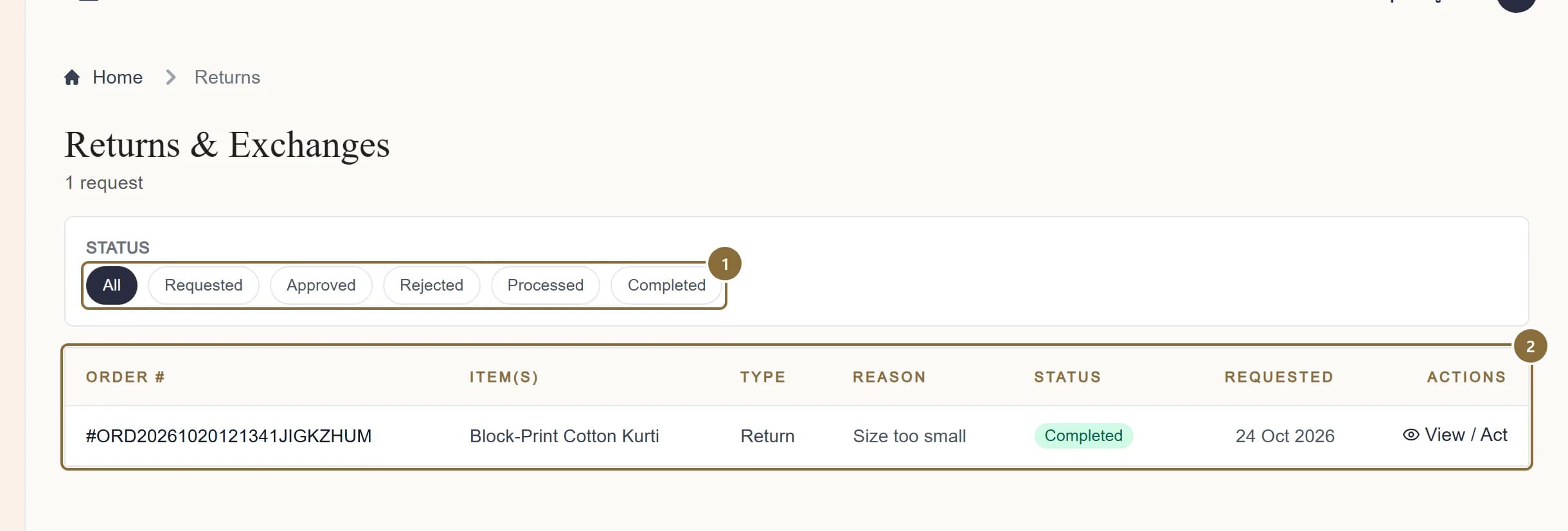 The Returns & Exchanges screen with the status pills and the request queue outlined.