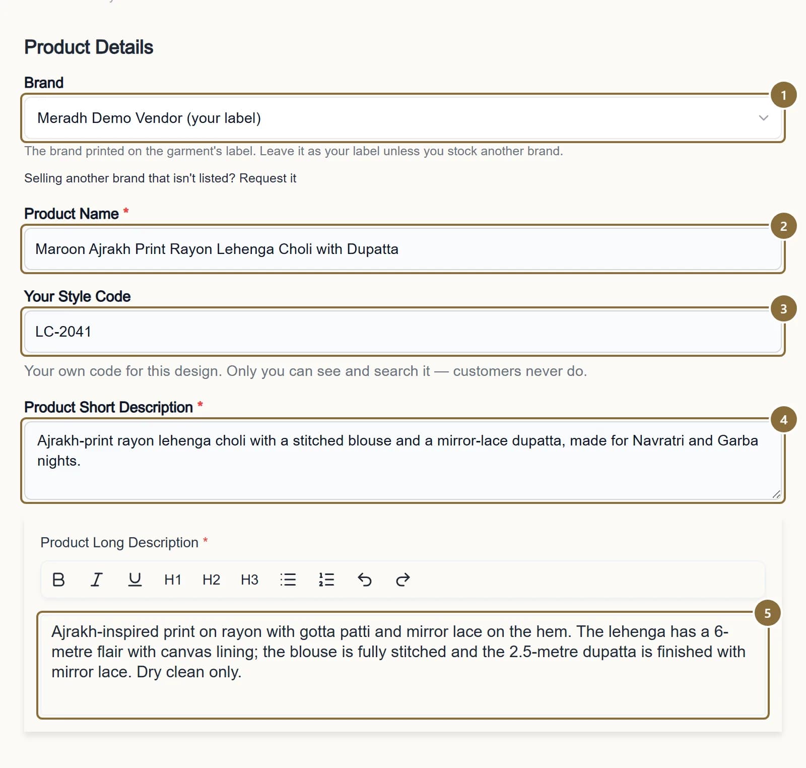 The Product Details column of the Add Product form, with brand, product name, style code and the two descriptions outlined.