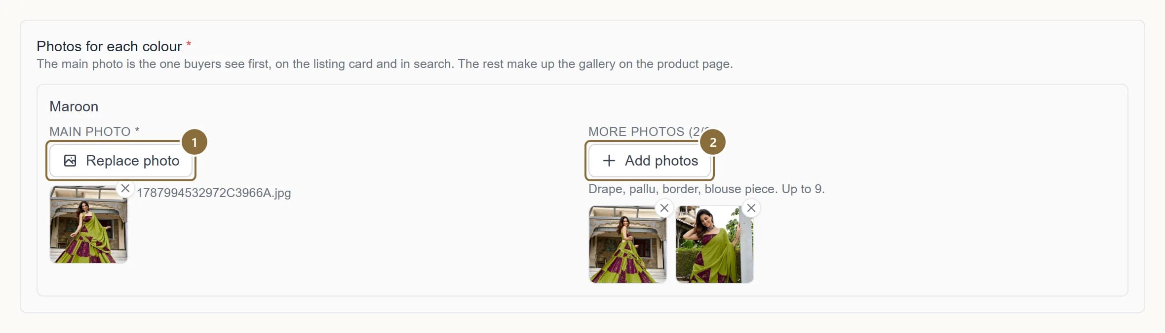 The photo box for one colour with the main photo chosen and the Add photos button.