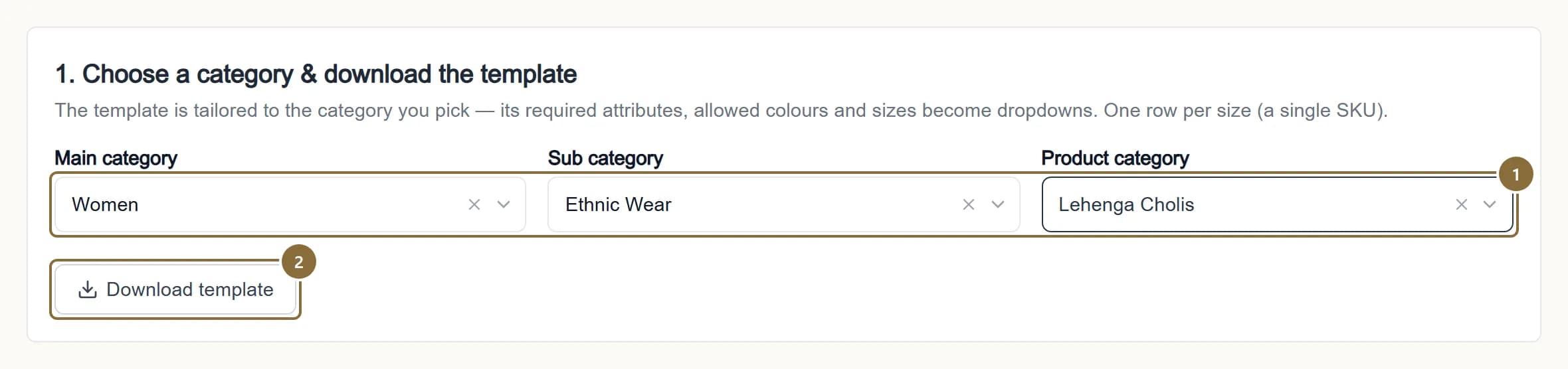 Step 1 of Bulk Upload with the three category selects and the Download template button outlined.