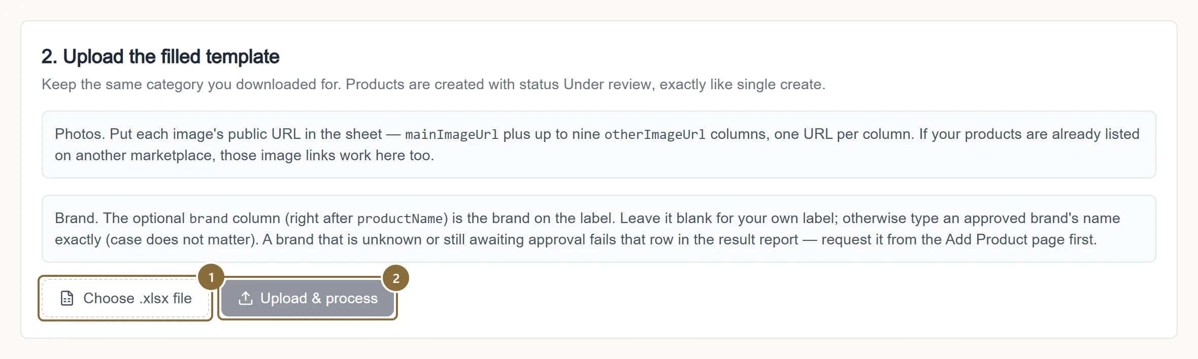 Step 2 of Bulk Upload with the file chooser and the Upload & process button outlined.