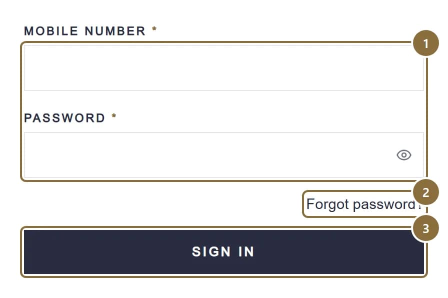 The Welcome back sign-in screen with the mobile number, password, Forgot password link and Sign in button outlined.