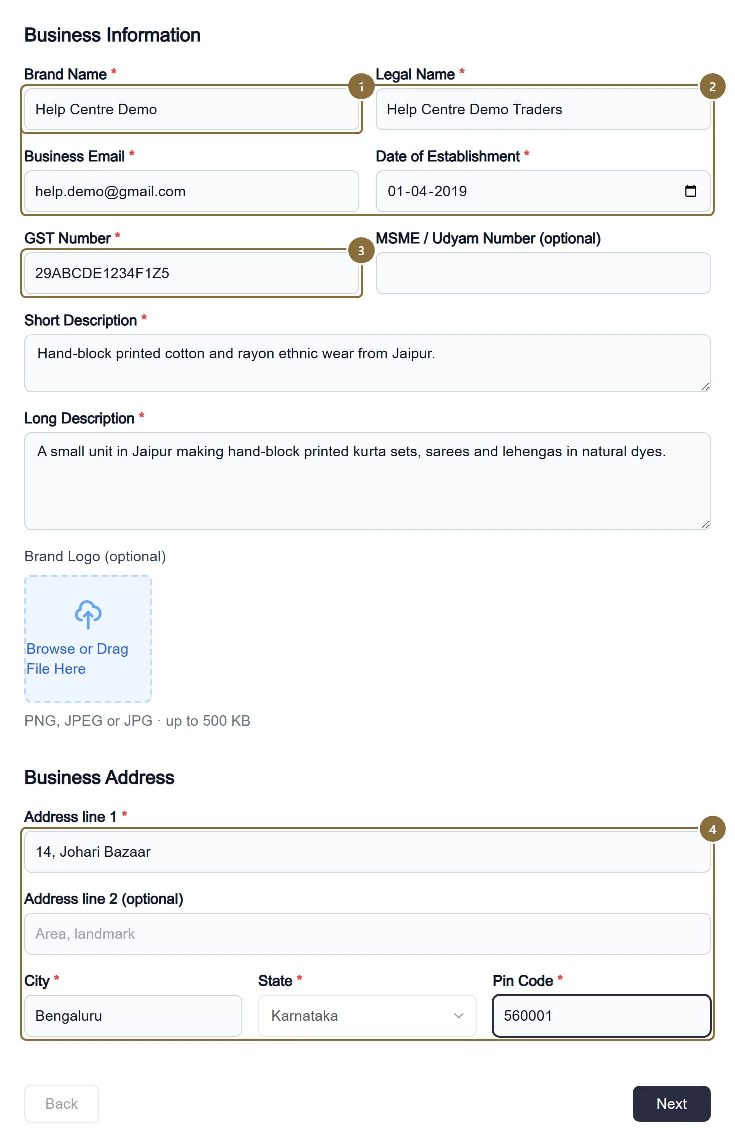 Step 1, Business Information, with the brand name, GST number and business address fields outlined.