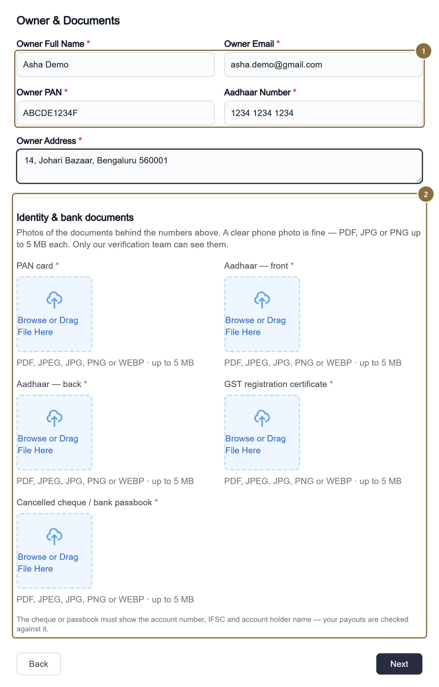 Step 2, Owner, with the PAN and Aadhaar fields and the document upload boxes outlined.