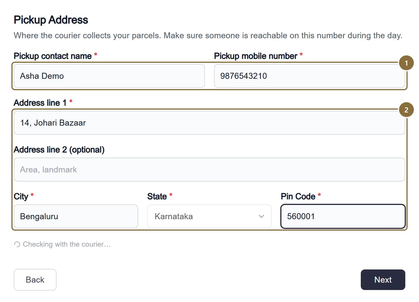 Step 3, Pickup Address, with the contact name, pickup mobile and address fields outlined.