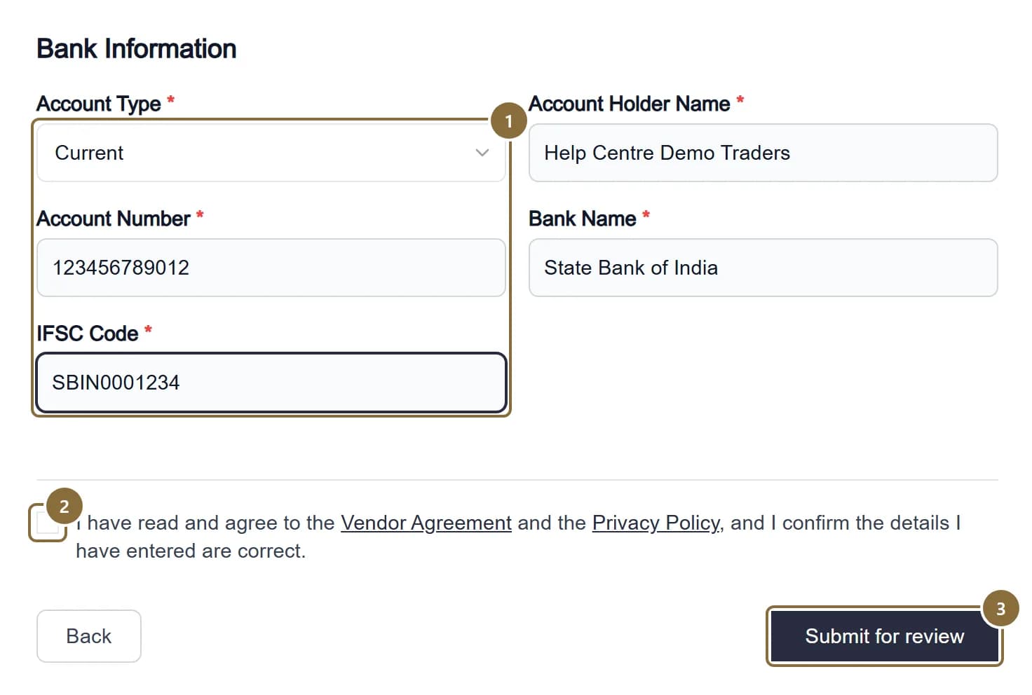 Step 4, Bank Information, with the account fields, the consent checkbox and the Submit for review button outlined.