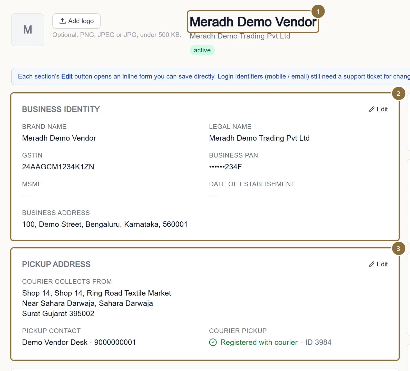 The top of the Profile page with the brand header, the Business identity section and the Pickup address summary outlined.