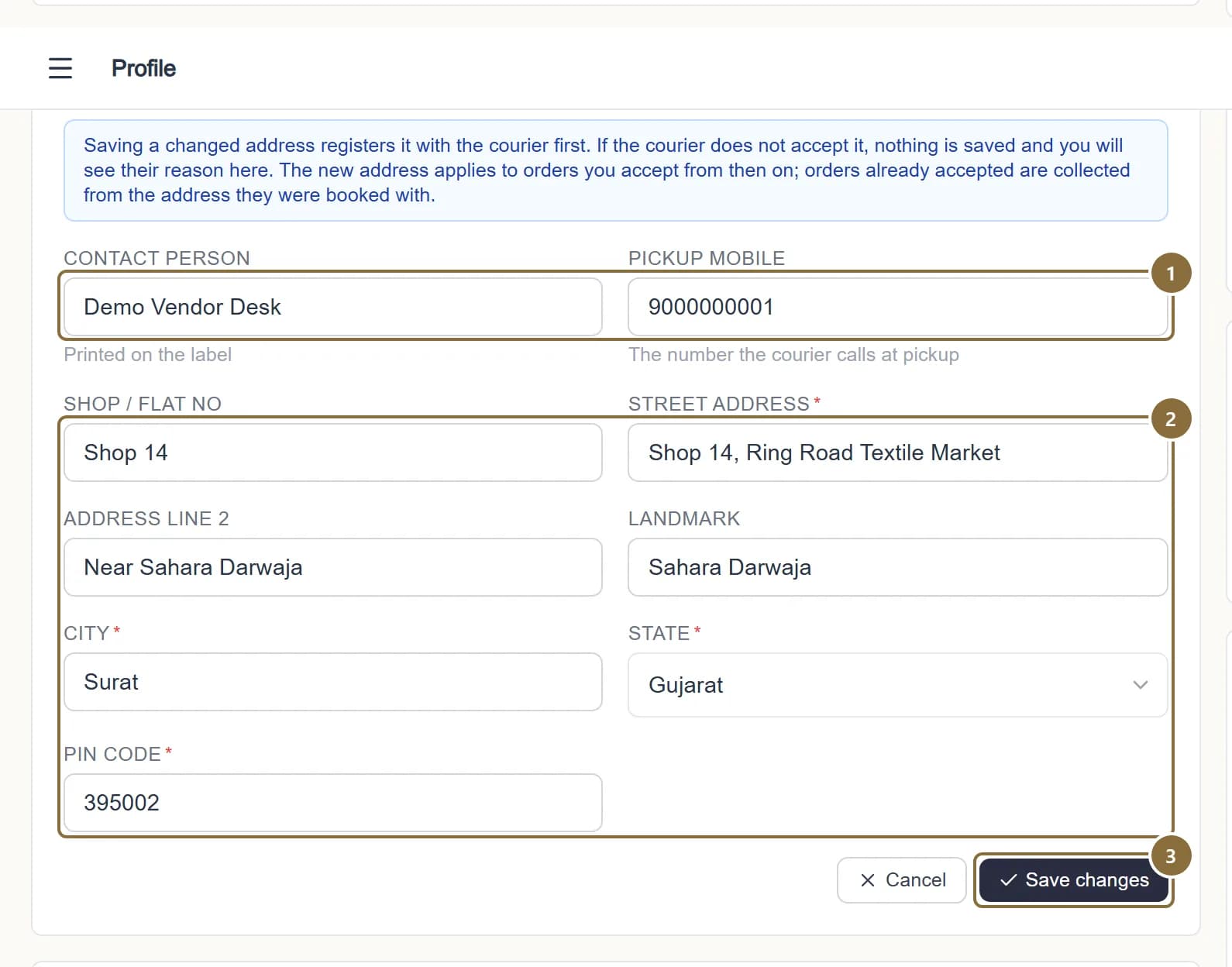 The Pickup address form with the contact person, pickup mobile, pin code check and Save changes outlined.