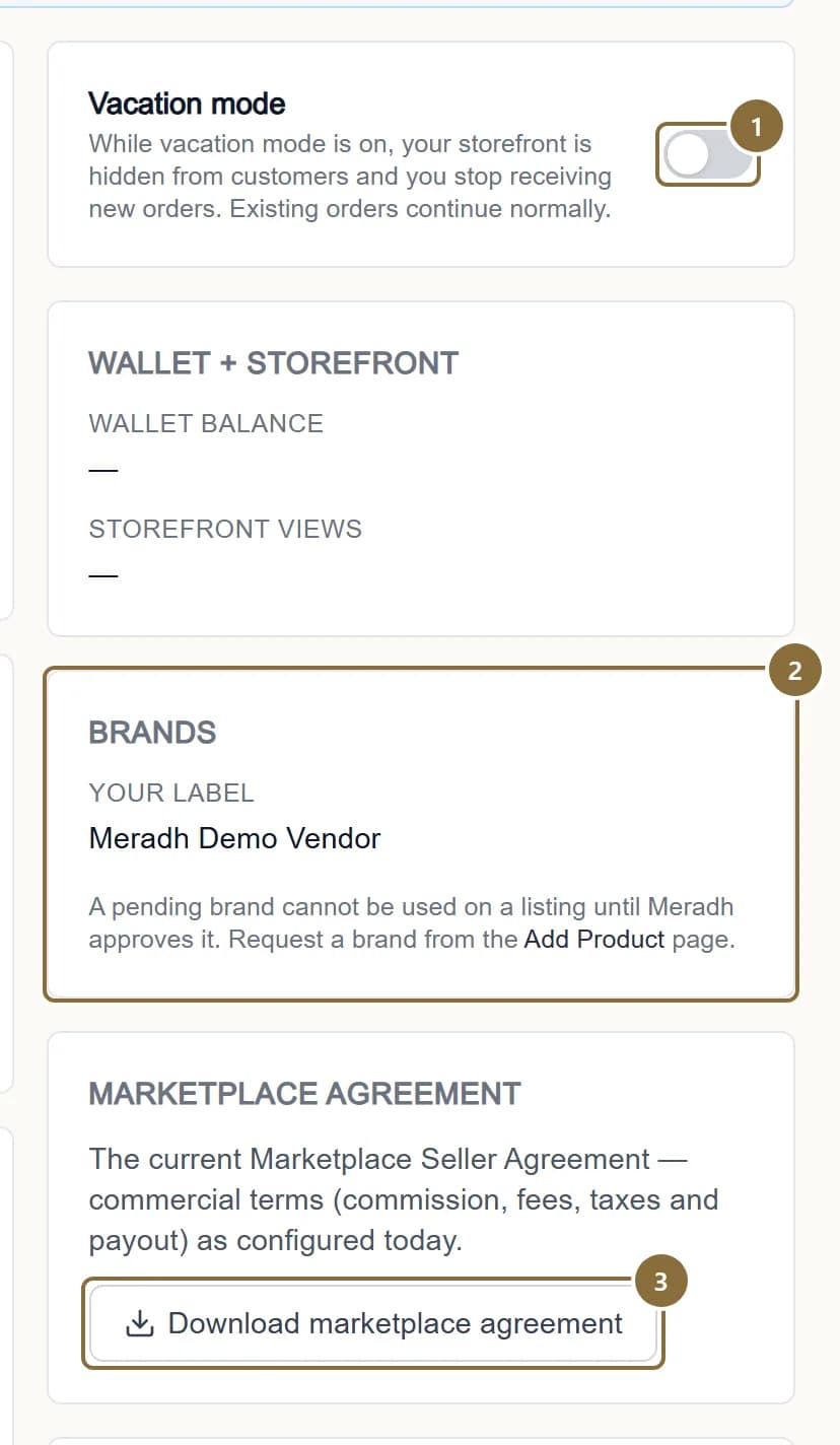 The Vacation mode toggle, the Brands card and the Download marketplace agreement button outlined.