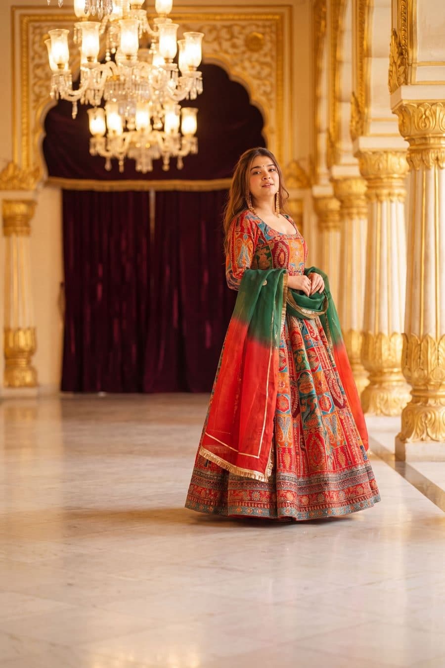 A lehenga from the Meradh storefront's current campaign, photographed in a palace